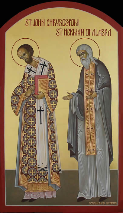 Iconostas Icon of St-John-Chrysostom-and-St-Herman-of-Alaska by Anna Gouriev-Pokrovsky